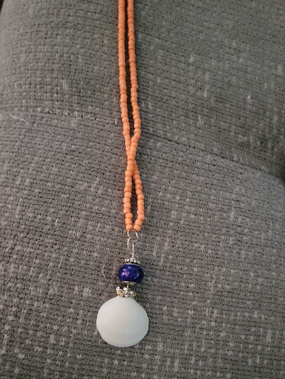 Source Unknown Coral Bead Necklace with Blue and White Pendant